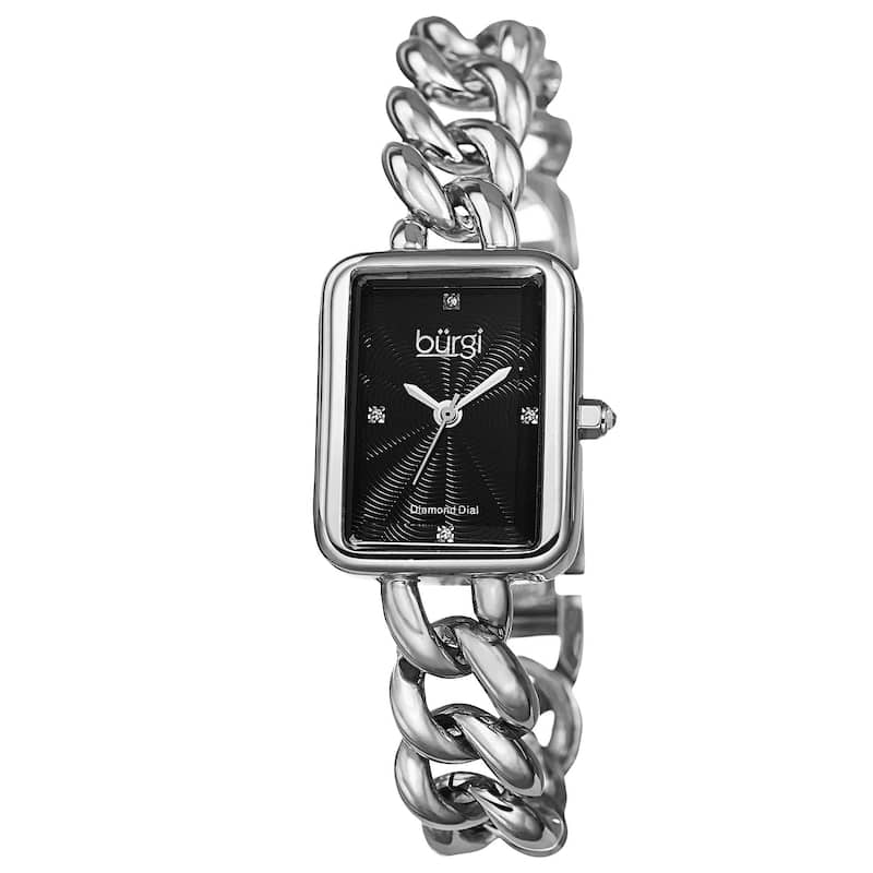 Burgi Women's Swiss Quartz Diamond Chain Link Silver-Tone Bracelet Watch