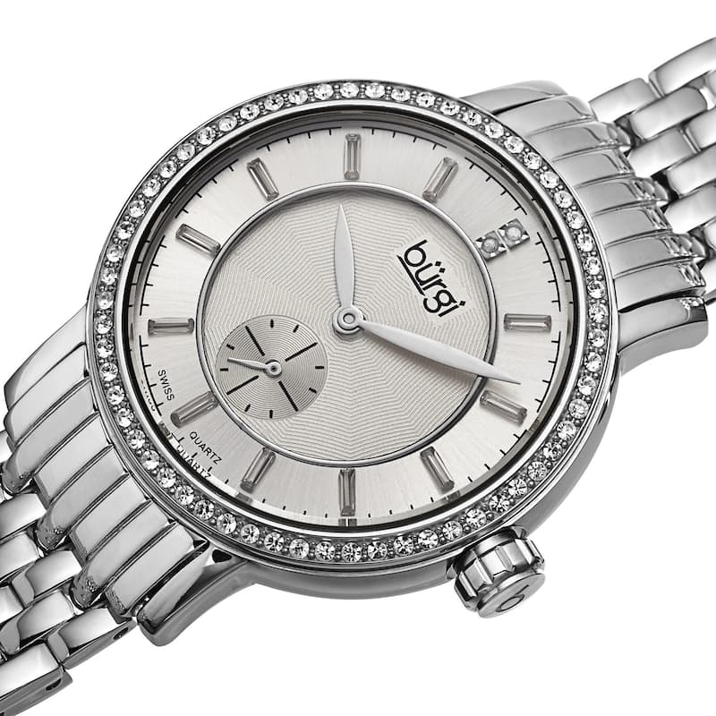 Burgi Women's Swiss Quartz Diamond Stainless Steel Silver-Tone Bracelet Watch