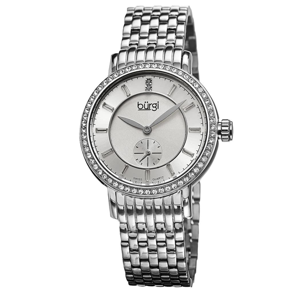 Burgi Women's Swiss Quartz Diamond Stainless Steel Silver-Tone Bracelet Watch