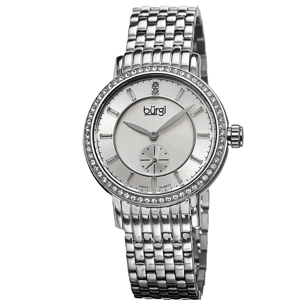 Burgi Women's Swiss Quartz Diamond Stainless Steel Silver-Tone Bracelet Watch