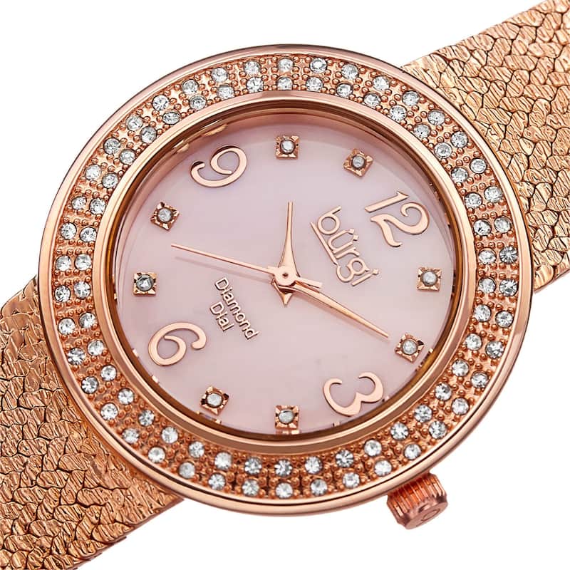 Burgi Women's Swiss Quartz Diamond Mesh Rose-Tone Bracelet Watch