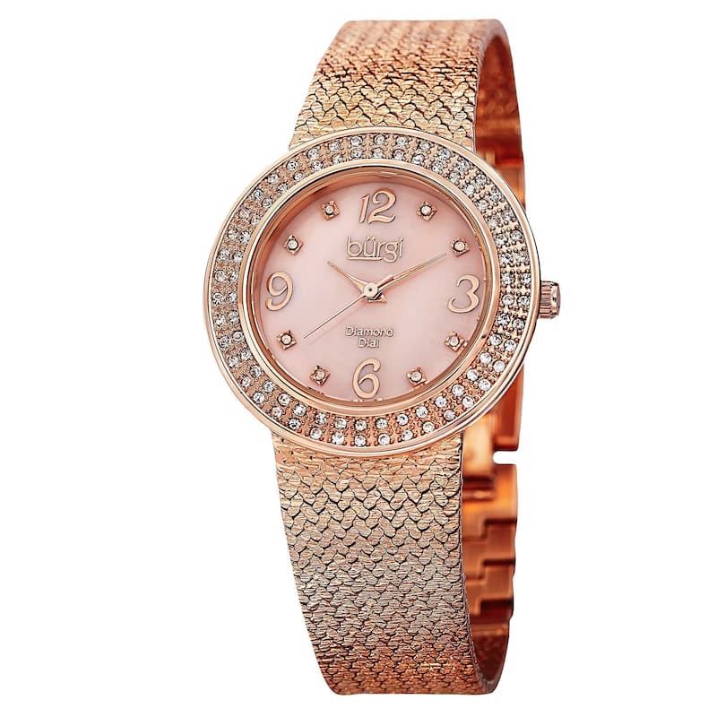Burgi Women's Swiss Quartz Diamond Mesh Rose-Tone Bracelet Watch