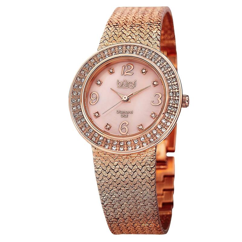 Burgi Women's Swiss Quartz Diamond Mesh Rose-Tone Bracelet Watch