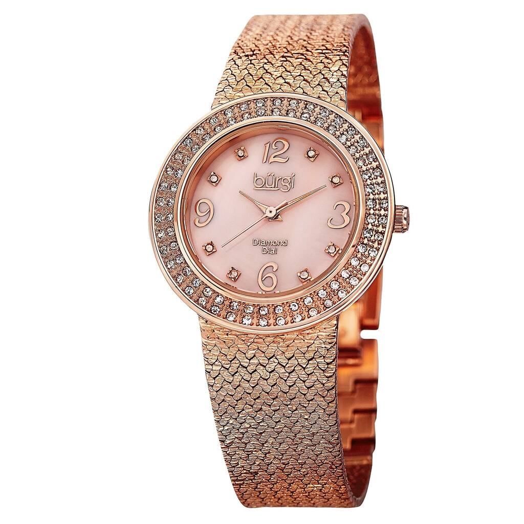Burgi Women's Swiss Quartz Diamond Mesh Rose-Tone Bracelet Watch