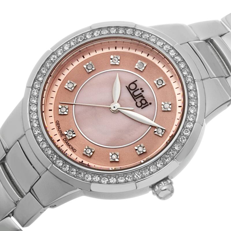 Burgi Women's Swiss Quartz Diamond Stainless Steel Pink Bracelet Watch