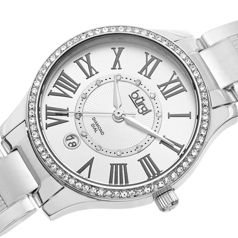 Burgi Women's Quartz Diamond Dial Stainless Steel Silver-Tone Bracelet Watch
