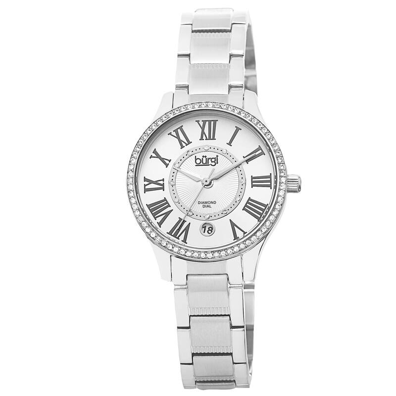 Burgi Women's Quartz Diamond Dial Stainless Steel Silver-Tone Bracelet Watch