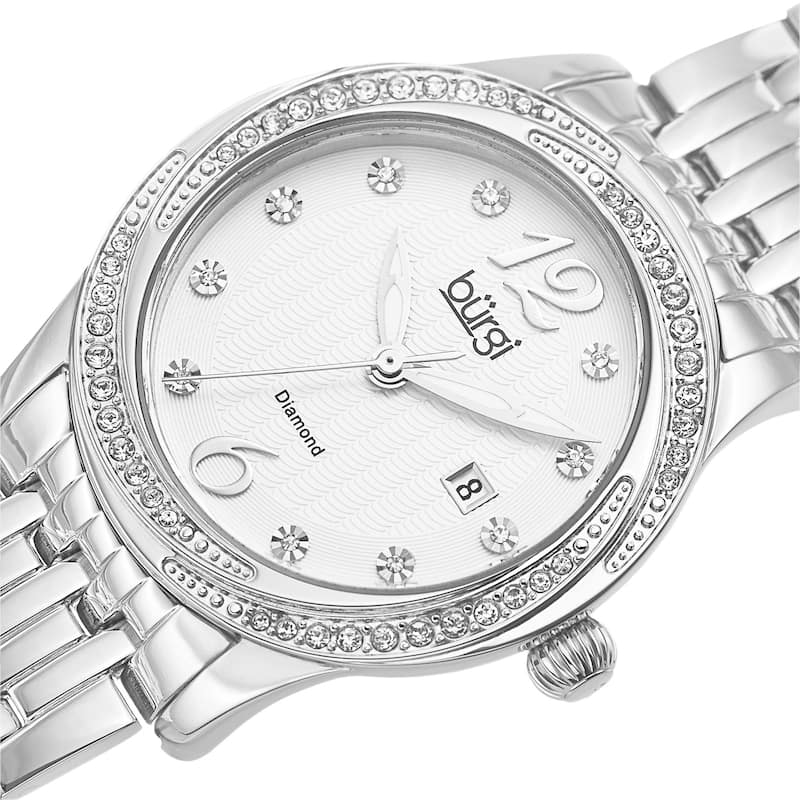 Burgi Women's Quartz Diamond Dial Stainless Steel Silver-Tone Bracelet Watch