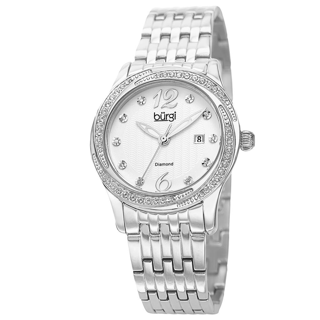 Burgi Women's Quartz Diamond Dial Stainless Steel Silver-Tone Bracelet Watch