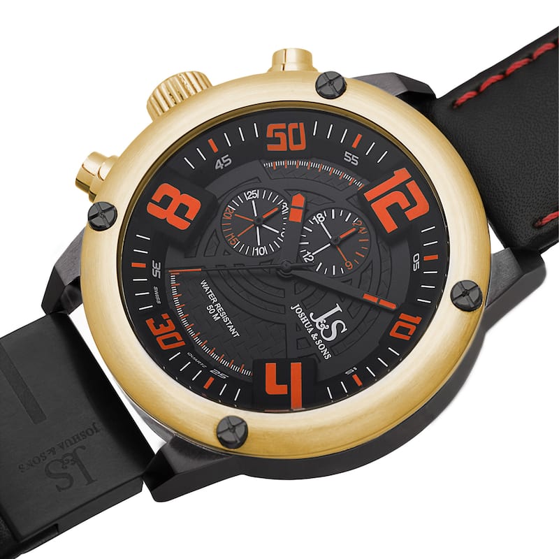 Joshua & Sons Men's Multifunction Double-Layered Dial Leather Gold-Tone Strap Watch