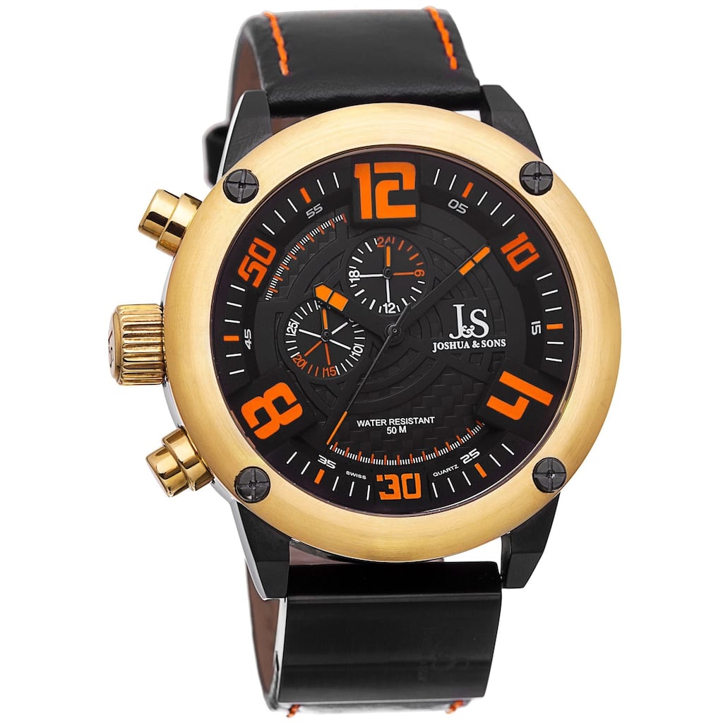 Joshua & Sons Men's Multifunction Double-Layered Dial Leather Gold-Tone Strap Watch