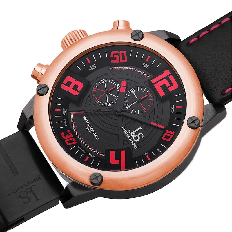Joshua & Sons Men's Multifunction Double-Layered Dial Leather Rose-Tone Strap Watch