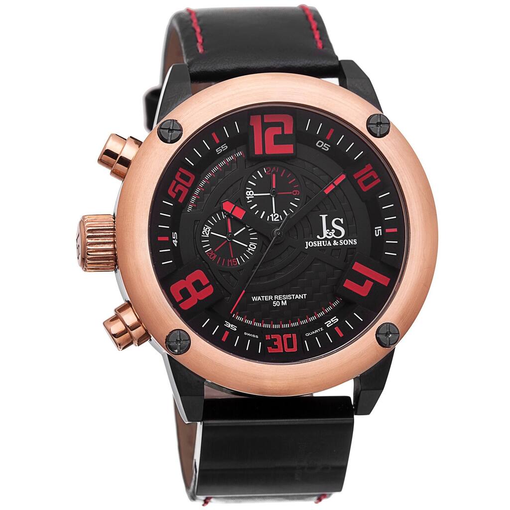 Joshua & Sons Men's Multifunction Double-Layered Dial Leather Rose-Tone Strap Watch