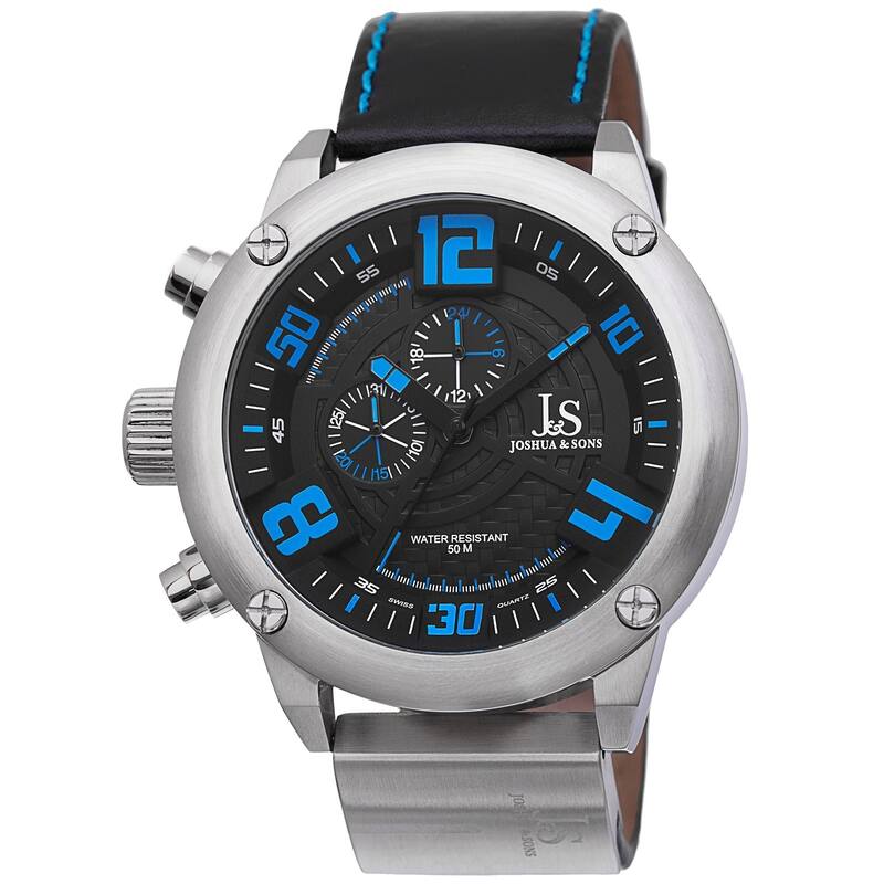 Joshua & Sons Men's Multifunction Double-Layered Dial Leather Blue Strap Watch