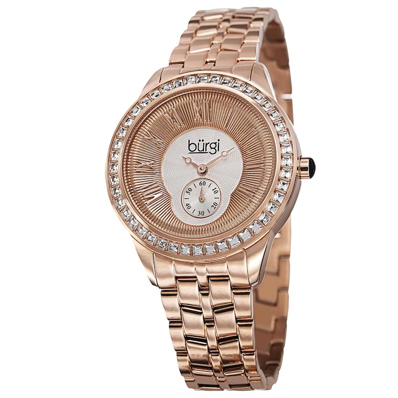 Burgi Women's Swiss Quartz Crystal Bezel Stainless Steel Rose-Tone Bracelet Watch