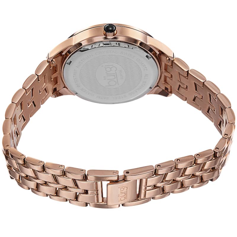 Burgi Women's Swiss Quartz Crystal Bezel Stainless Steel Rose-Tone Bracelet Watch