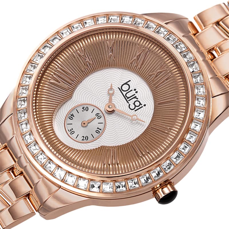 Burgi Women's Swiss Quartz Crystal Bezel Stainless Steel Rose-Tone Bracelet Watch