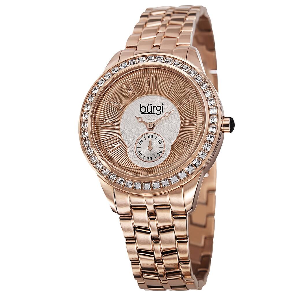 Burgi Women's Swiss Quartz Crystal Bezel Stainless Steel Rose-Tone Bracelet Watch