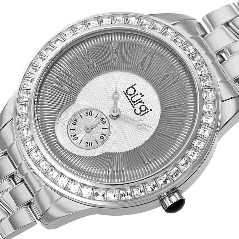 Burgi Women's Swiss Quartz Crystal Bezel Stainless Steel Silver-Tone Bracelet Watch