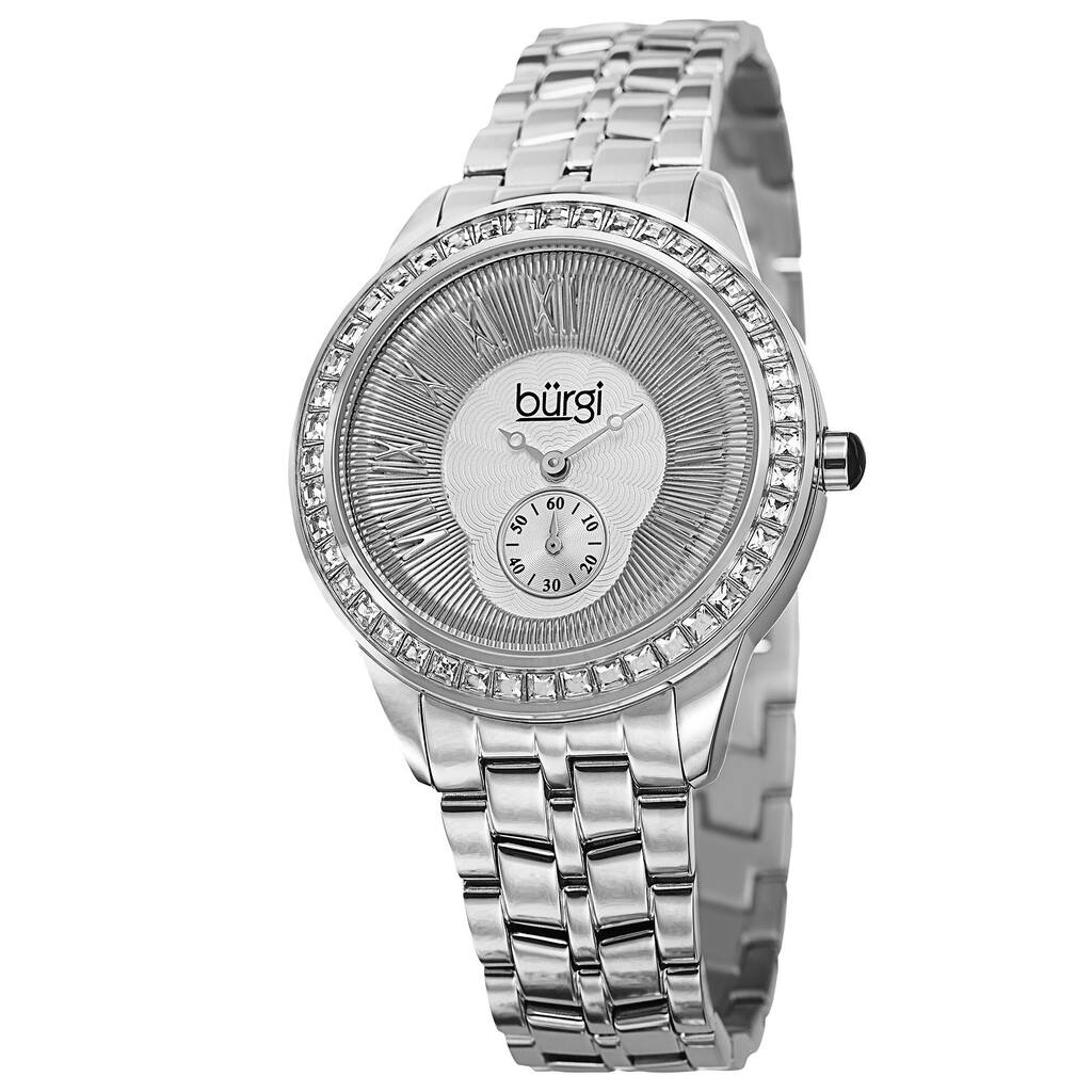 Burgi Women's Swiss Quartz Crystal Bezel Stainless Steel Silver-Tone Bracelet Watch