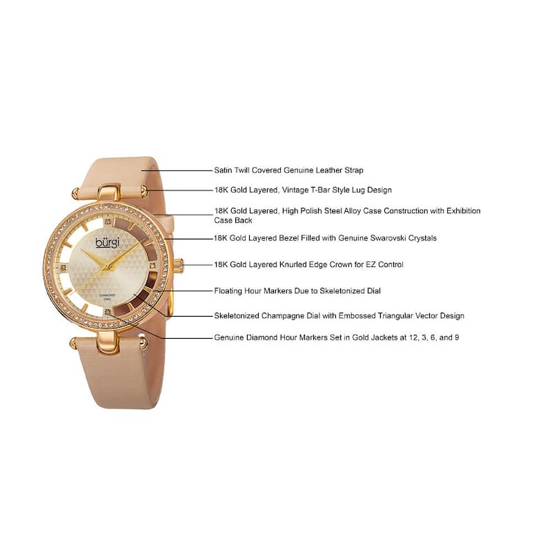 Burgi Women's Swiss Quartz Diamond Dial Satin Gold-Tone Strap Watch