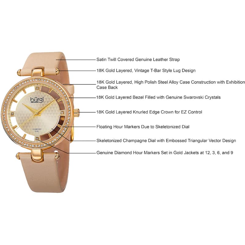 Burgi Women's Swiss Quartz Diamond Dial Satin Gold-Tone Strap Watch