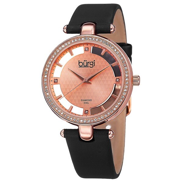 Burgi Women's Swiss Quartz Diamond Dial Satin Rose-Tone Strap Watch
