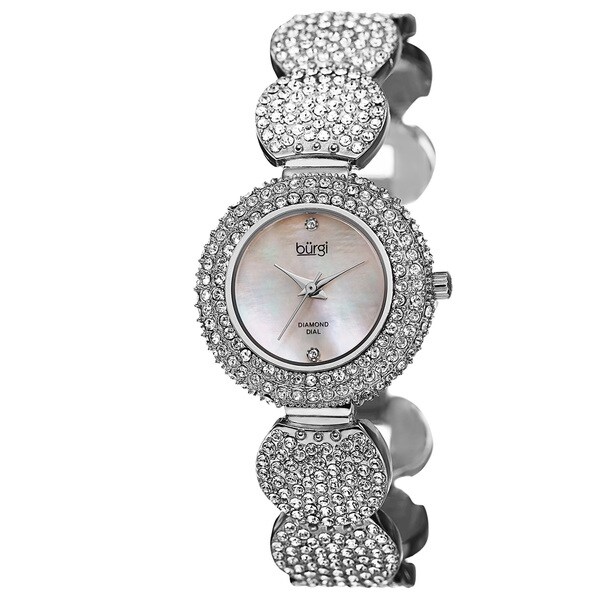 Burgi Women's Swiss Quartz Diamond Dial Crystal-Accented Silver-Tone Bracelet Watch