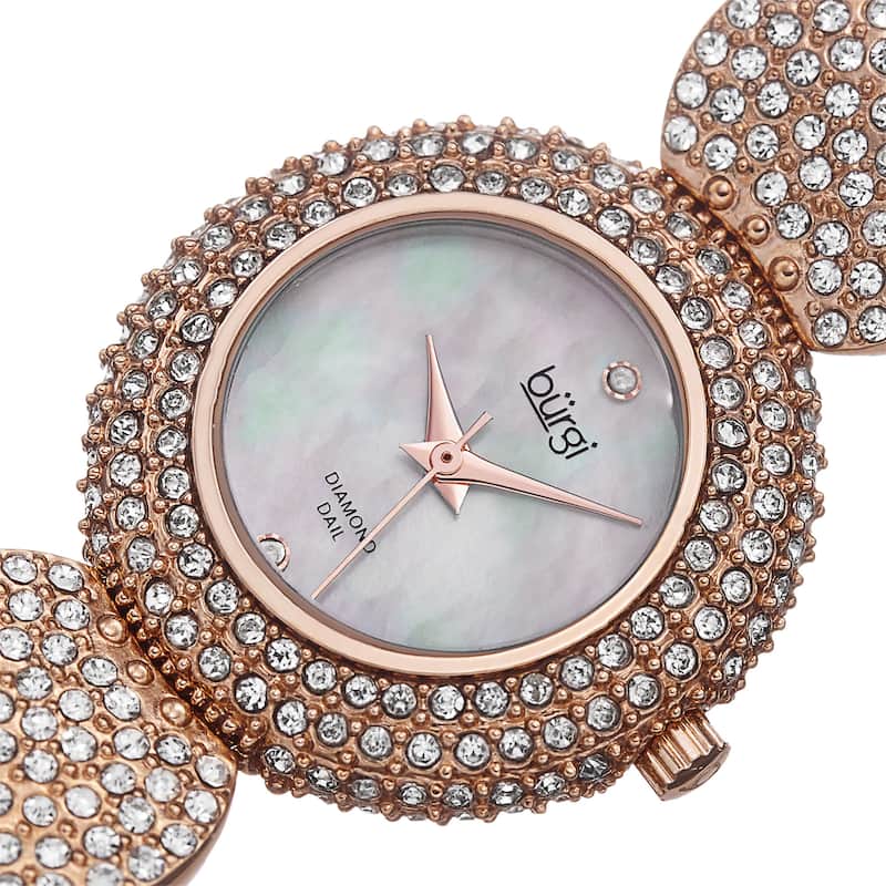 Burgi Women's Swiss Quartz Diamond Dial Crystal-Accented Rose-Tone Bracelet Watch