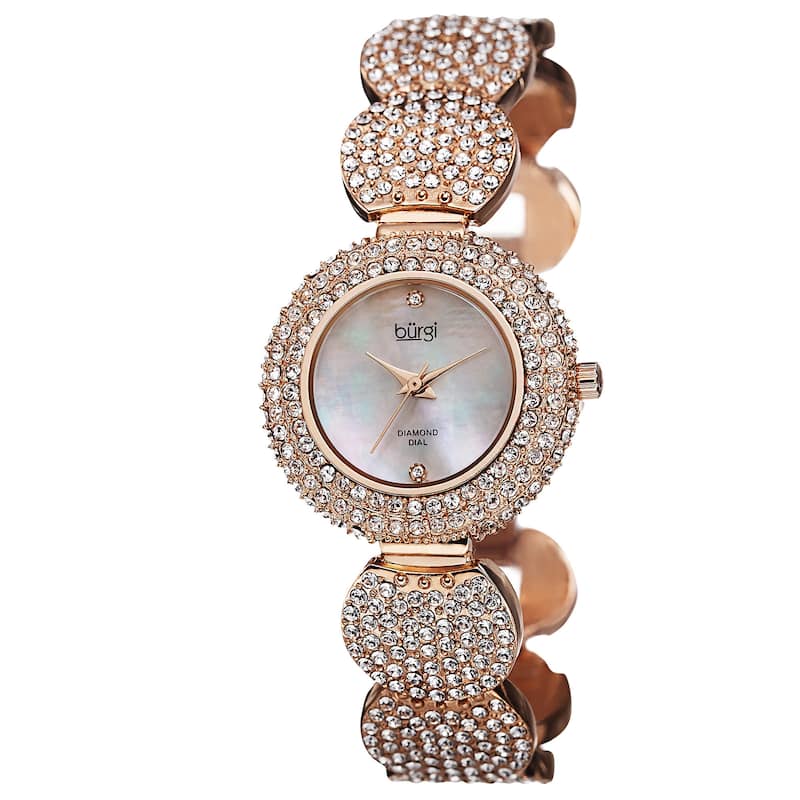 Burgi Women's Swiss Quartz Diamond Dial Crystal-Accented Rose-Tone Bracelet Watch
