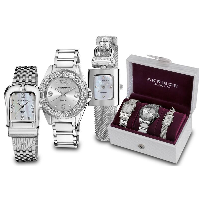 Akribos XXIV Women's Quartz Diamond Silver-Tone Bracelet Watch Set