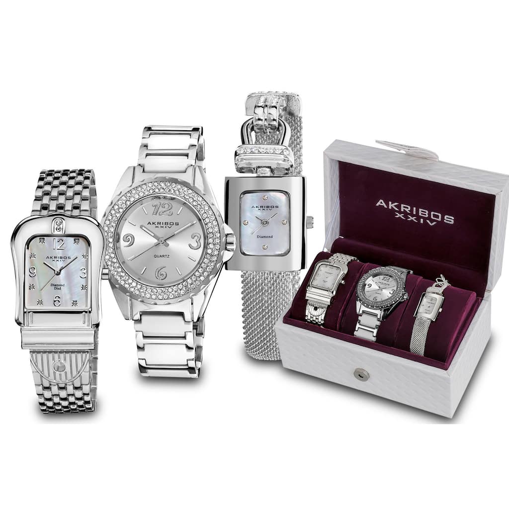 Akribos XXIV Women's Quartz Diamond Silver-Tone Bracelet Watch Set