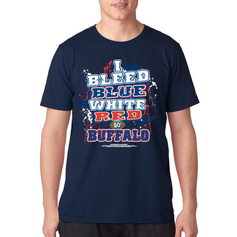 Encore Select Mens Buffalo Football I Bleed Blue, White   Red Go Buffalo  T shirt Blue Size 2XL