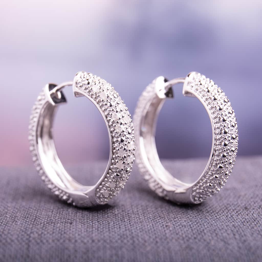 Miadora Sterling Silver 1/2ct TDW Diamond Hoop Earrings - 23.4 mm x 4.4 mm - 23.4 mm x 4.4 mm
