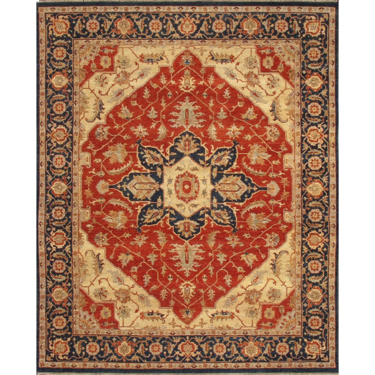 Hand knotted Heriz Serapi Rust Blue Vegetable Dyes Wool Rug (6 X 9)