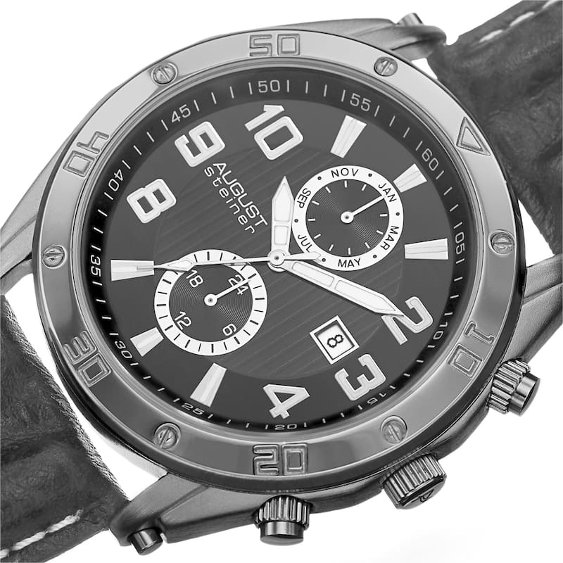 August Steiner Men's Swiss Quartz Multifunction Leather Black Strap Watch
