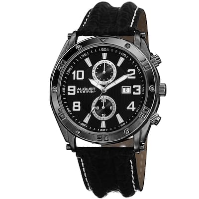 August Steiner Men's Swiss Quartz Multifunction Leather Black Strap Watch