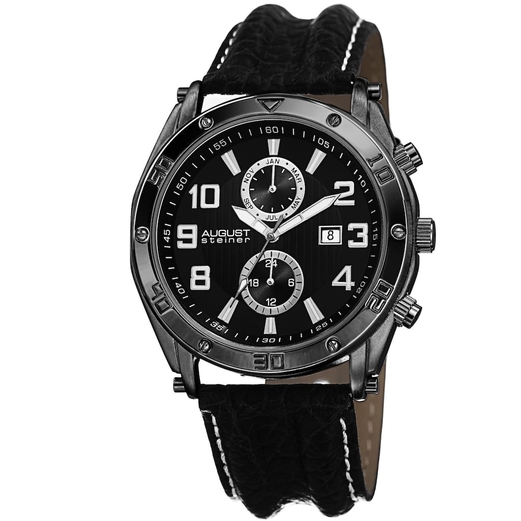 August Steiner Men's Swiss Quartz Multifunction Leather Black Strap Watch