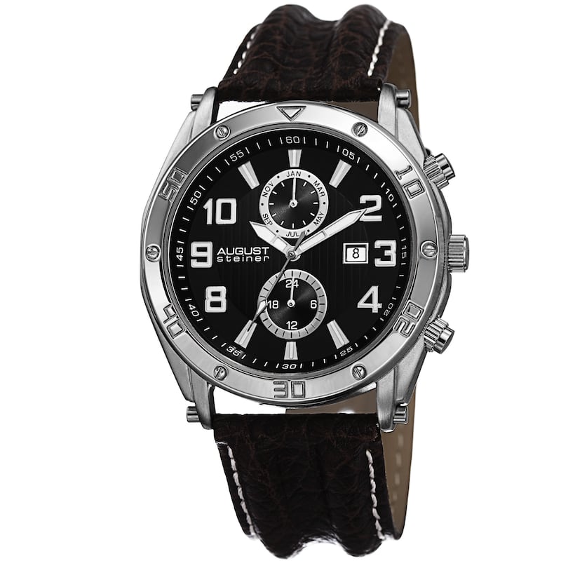 August Steiner Men's Swiss Quartz Multifunction Leather Brown Strap Watch