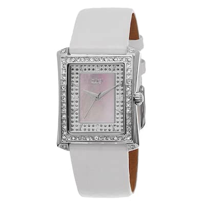 Burgi Women's Swiss Quartz Crystal-Accented Leather White Strap Watch