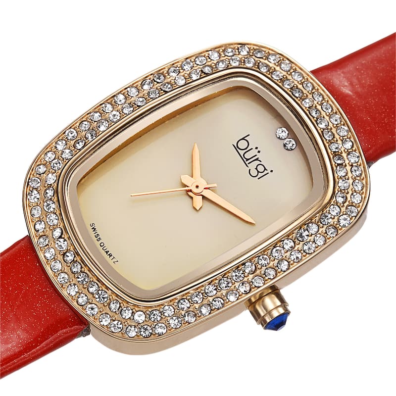 Burgi Women's Swiss Quartz Crystal Red Strap Watch