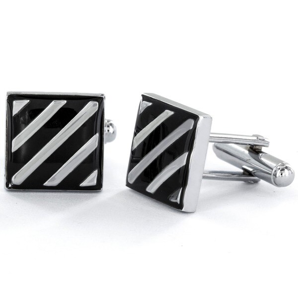 Men/'s Black Enamel Striped Silver Tone Suit Cufflinks