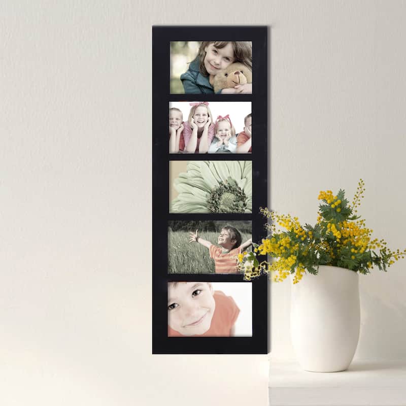Adeco Decorative Black Wood Wall Hanging Picture Frame with 5 Divided 4x6-inch Openings - Black