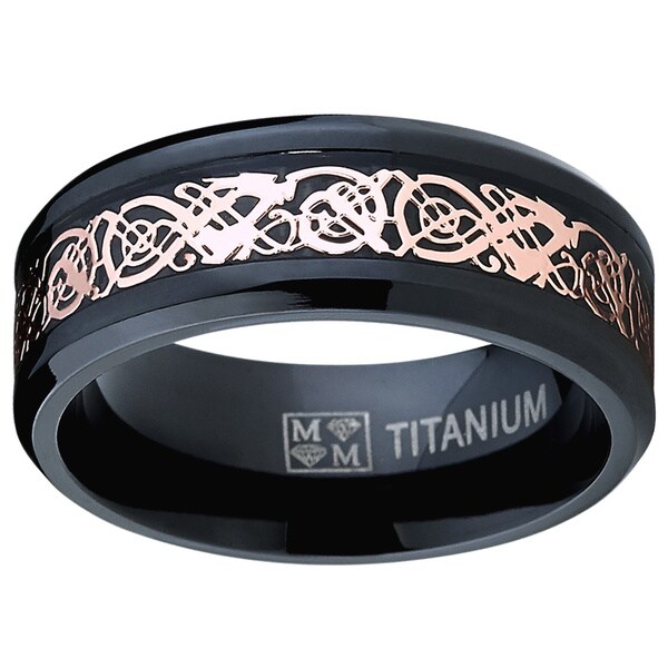Oliveti Men's Black Plated Titanium Carbon Fiber and Rose Goldplated Celtic Dragon Inlay Ring