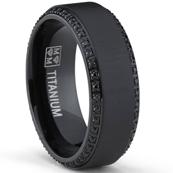 slide 1 of 6, Blackplated Titanium Mens Black CZ Comfort Fit Wedding Band (8 mm) 10.5