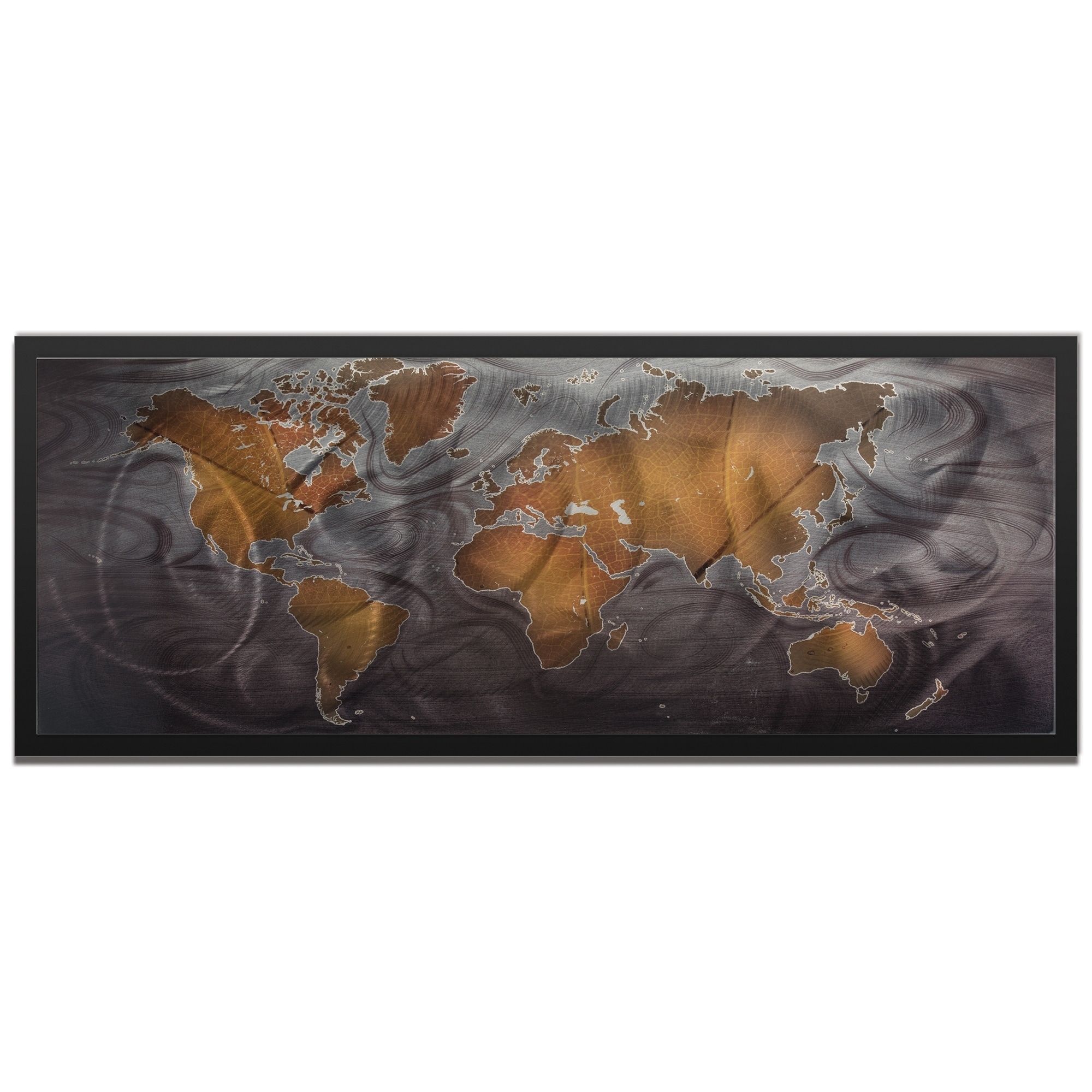 Bronze Pewter Land And Sea Traditional World Map Art On Colored Metal Bronze Pewter Land And Sea Traditional World Map Art On Colored Metal