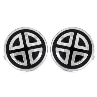 Silvertone and Black Enamel Geometric Round Cuff Links