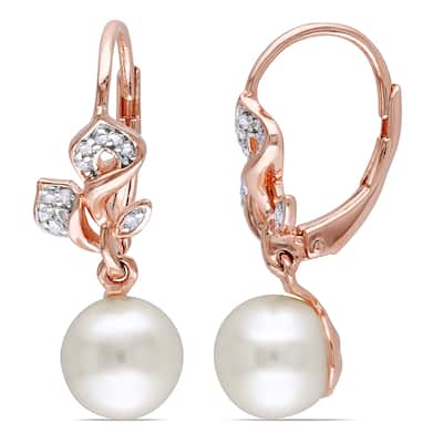 Miadora Rose Plated Silver White Pearl and 1/10ct TDW Diamond Earrings (H-I, I2-I3)