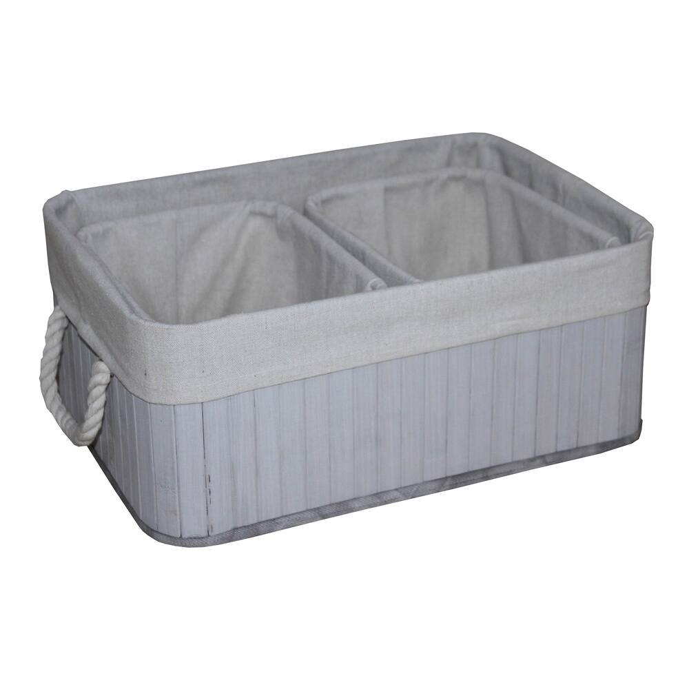 Handmade White/ Grey Wood and Fabric Storage Baskets (Set of 3) (China)