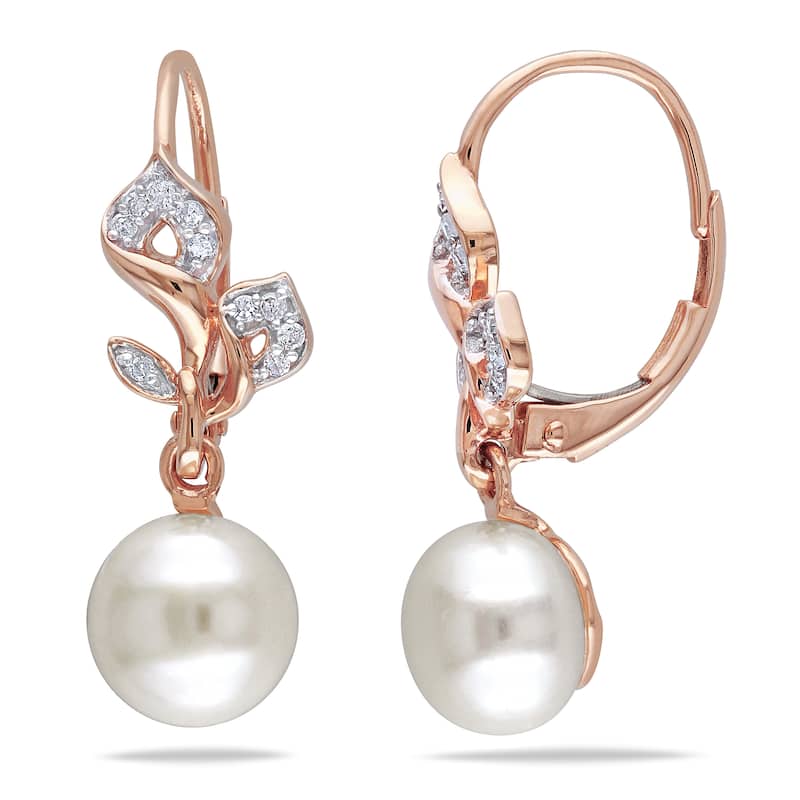 Miadora 10k Rose Gold White Cultured Freshwater Pearl and 1/10ct TDW Diamond Earrings (H-I, I2-I3)